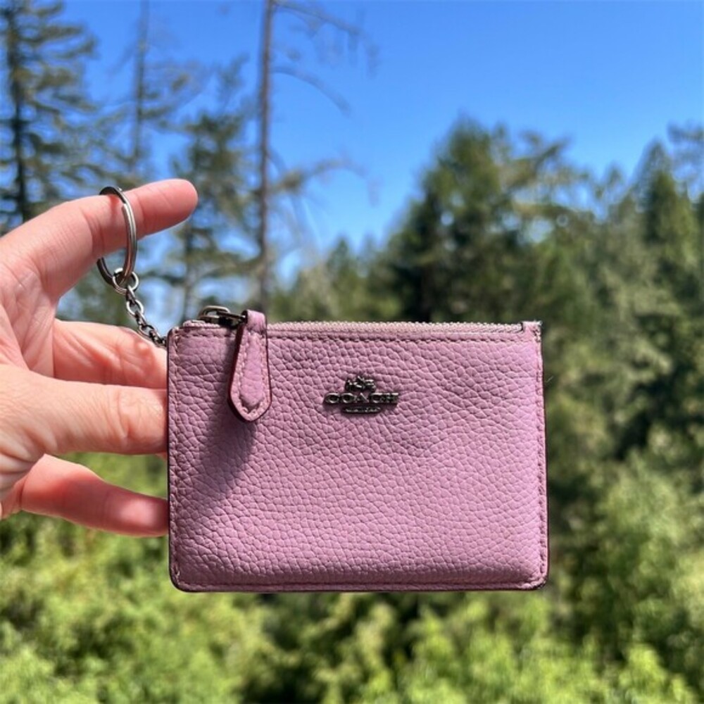 COACH Purple Pebble Leather Mini Skinny ID Case Keychain Card Wallet & ID Window